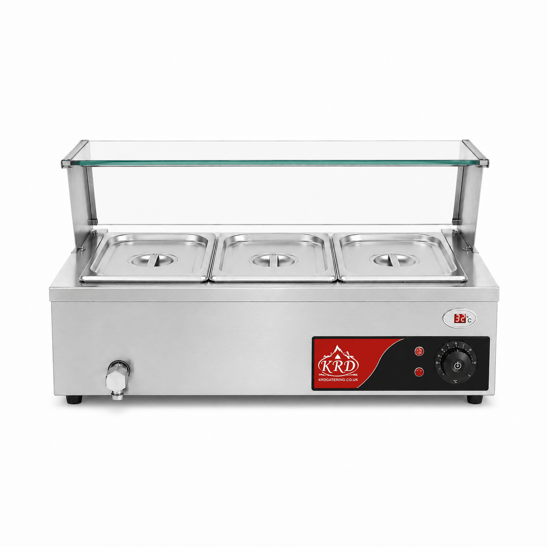Stainless steel hot food display case with glass cover and KRD logo on a white background