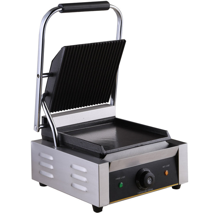 KRD Heavy Duty Panini Contact Grill with ribbed top and flat plate for perfect sandwich grilling.