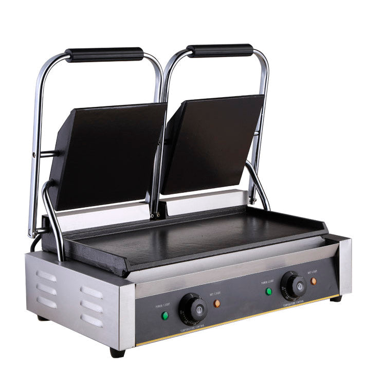 KRD Heavy Duty Twin Panini Contact grill All Flat Smooth 3.6kW Dual Zone OP813B with stainless steel body and ceramic coated plates.