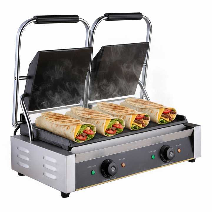 KRD Heavy Duty Twin Panini Contact grill All Flat Smooth 3.6kW Dual Zone OP813B