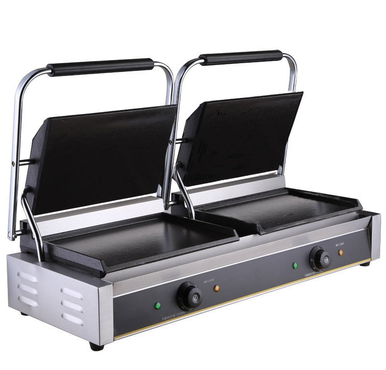 KRD Heavy Duty Twin XL Panini Contact Grill Smooth with dual heating zones and cast iron plates for versatile cooking.