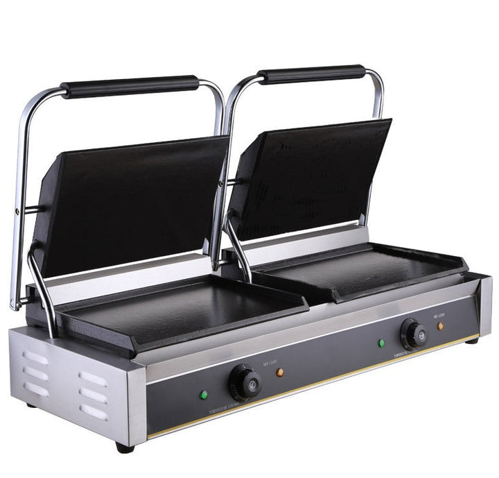 KRD Heavy Duty Twin XL Panini Contact Grill Smooth with dual heating zones and cast iron plates for versatile cooking.