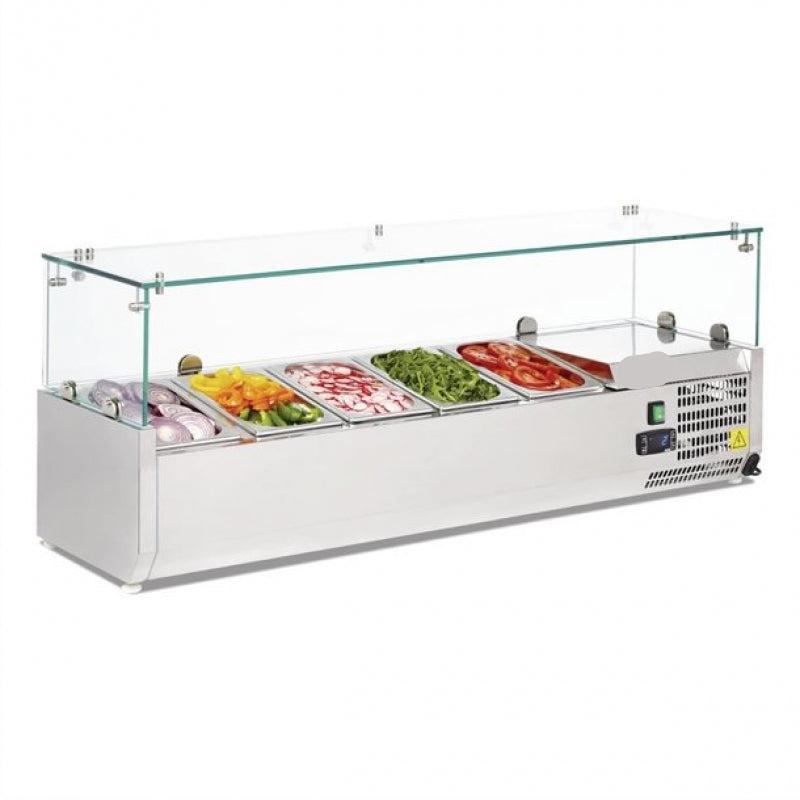 KRD Refrigerated Servery Prep Top 1200mm with glass sneeze guard and GN1/4 pans for catering establishments.