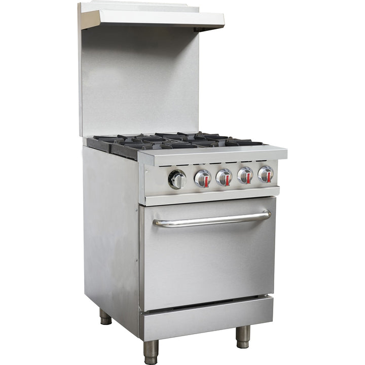 KRD Professional Gas range with 4 burners and oven, stainless steel design, perfect for commercial kitchens.