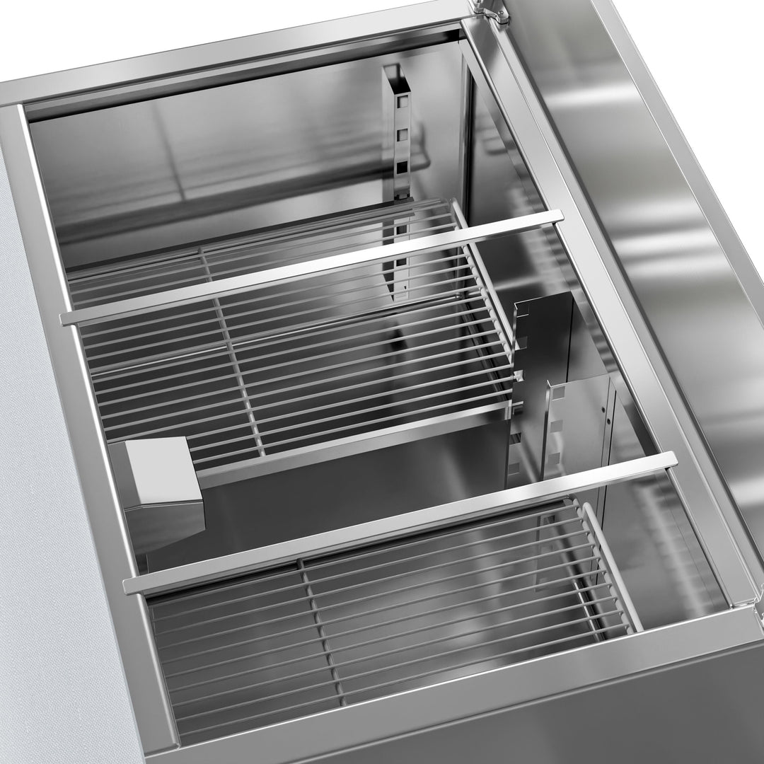 KRD 2 Door Saladette Counter Fridge with chopping board 240L showcasing stainless steel interior and adjustable shelves.