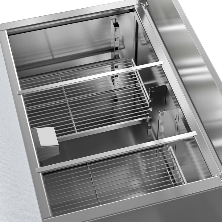 KRD 2 Door Saladette Counter Fridge with chopping board 240L showcasing stainless steel interior and adjustable shelves.