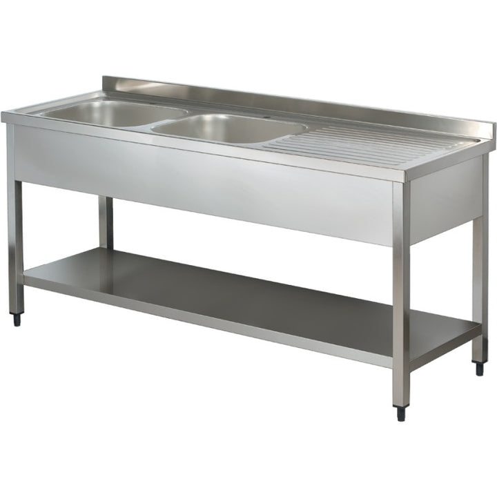 Commercial Sink Stainless steel 2 bowls Left Bottom shelf Splashback 1800mm Depth 700mm ECSK187BL2