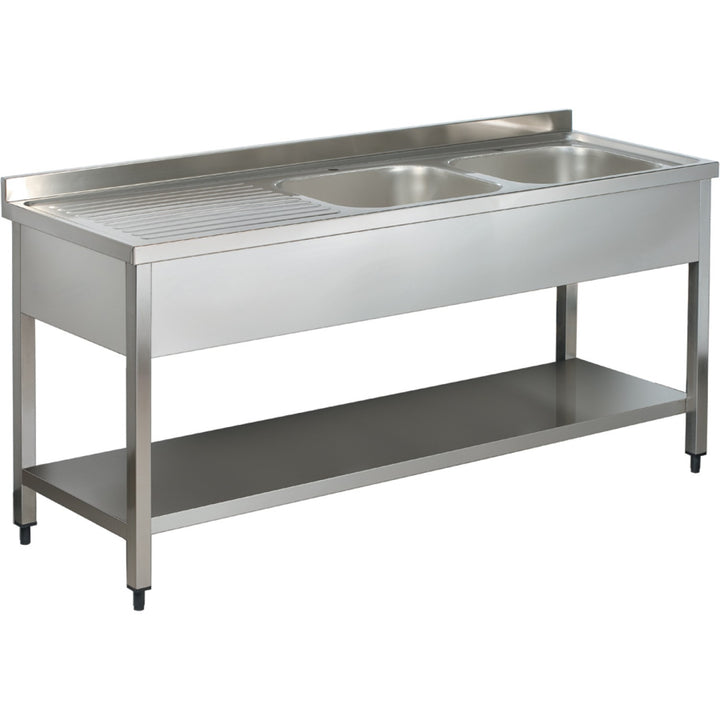 Commercial Sink Stainless steel 2 bowls Right Bottom shelf Splashback 1800mm Depth 700mm