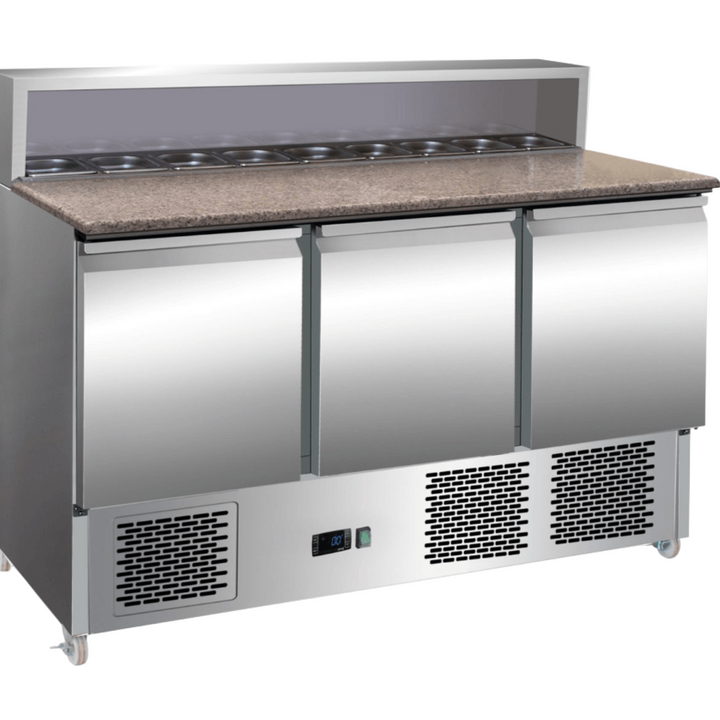 KRD Saladette Prep Table 3 doors Granite Pizza top 8x GN 1/6 Depth 700mm 400L commercial kitchen equipment stainless steel