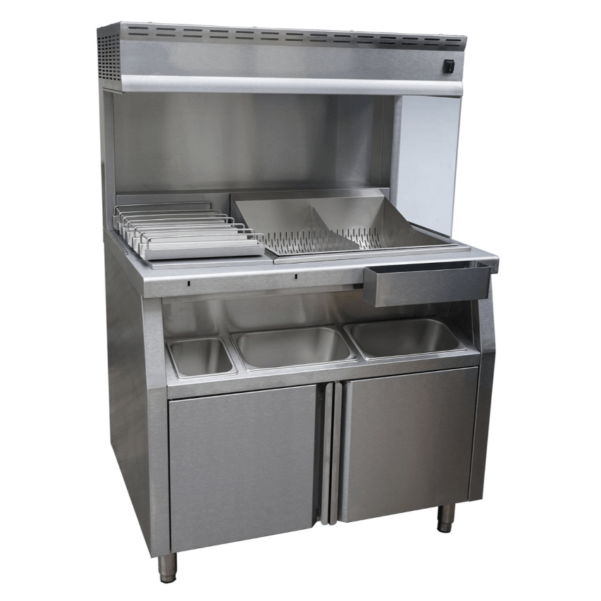 KRD free standing electric chips scuttle Dump bagging & warming station FFB10 features stainless steel construction, storage drawers, and warming area.