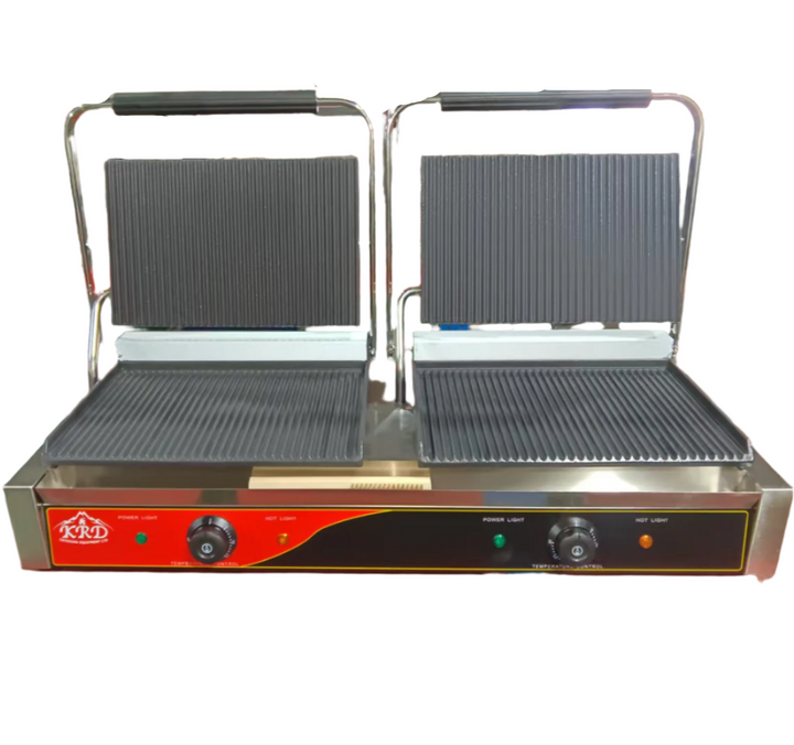 KRD Heavy Duty Twin XL Panini Contact Grill with Ribbed Plates and Dual Zone Controls