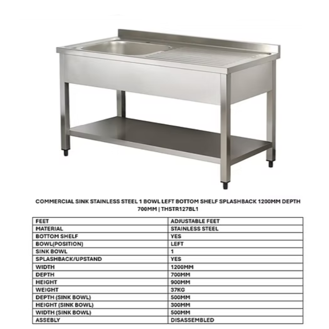Commercial Sink Stainless steel 1 bowl Left Bottom shelf Splashback 1000mm Depth 700mm ECSK107BL1