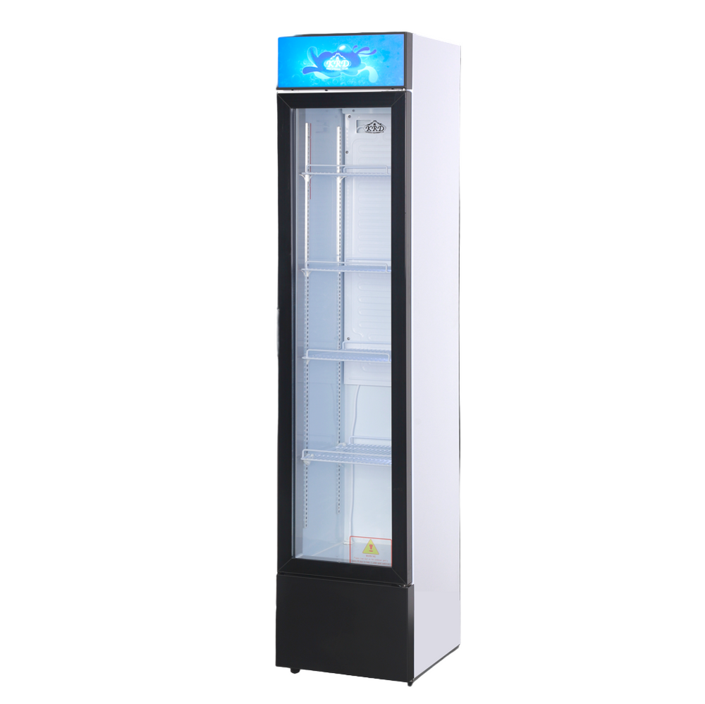 KRD Commercial Single Glass Door Bottle Cooler 39cm LGZ150W, upright display fridge, 150 litres capacity, fan assisted cooling.