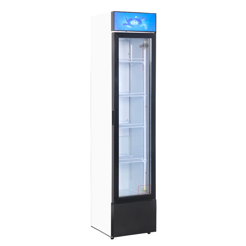 KRD Commercial Single Glass Door Bottle Cooler 39cm LGZ150W, upright display fridge, stainless steel, 150 liters capacity, easy cleaning.