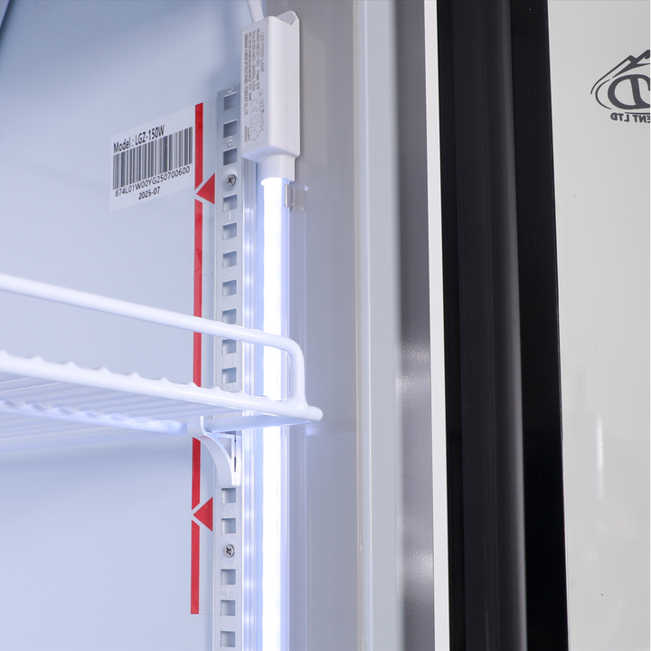 Interior view of KRD Commercial Single Glass Door Bottle Cooler 39cm LGZ150W showcasing LED light and shelving.