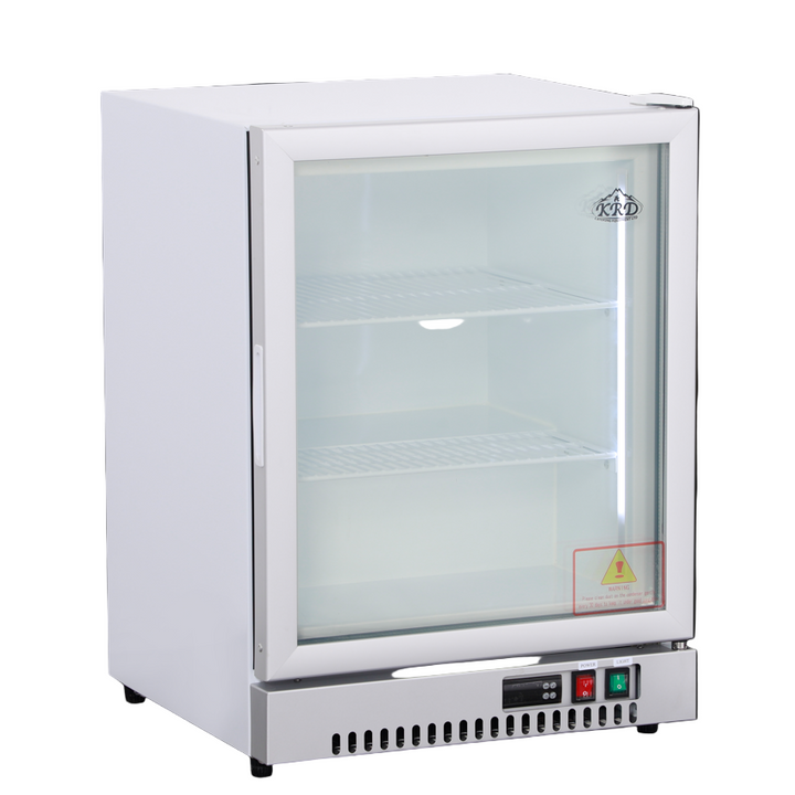 KRD Countertop Display Freezer Single Hinged Door White 55cm LD80 featuring two shelves and LED interior lighting for visual display.
