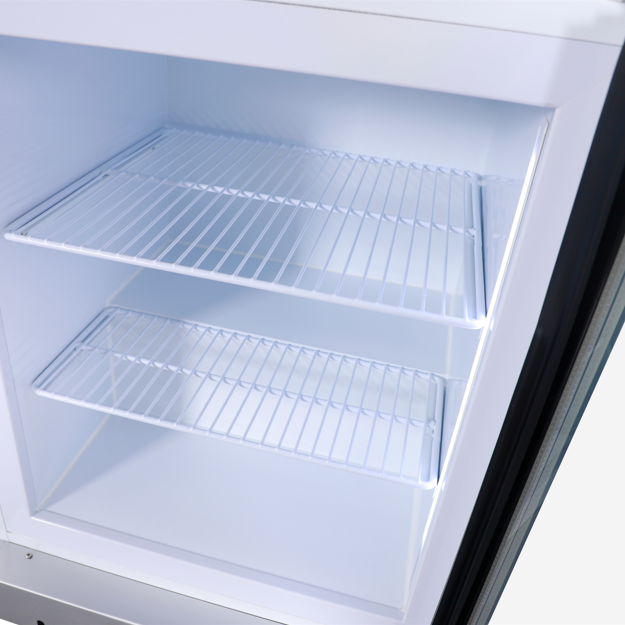 Interior view of KRD Countertop Display Freezer Single Hinged Door White 55cm LD80 with two wire shelves.
