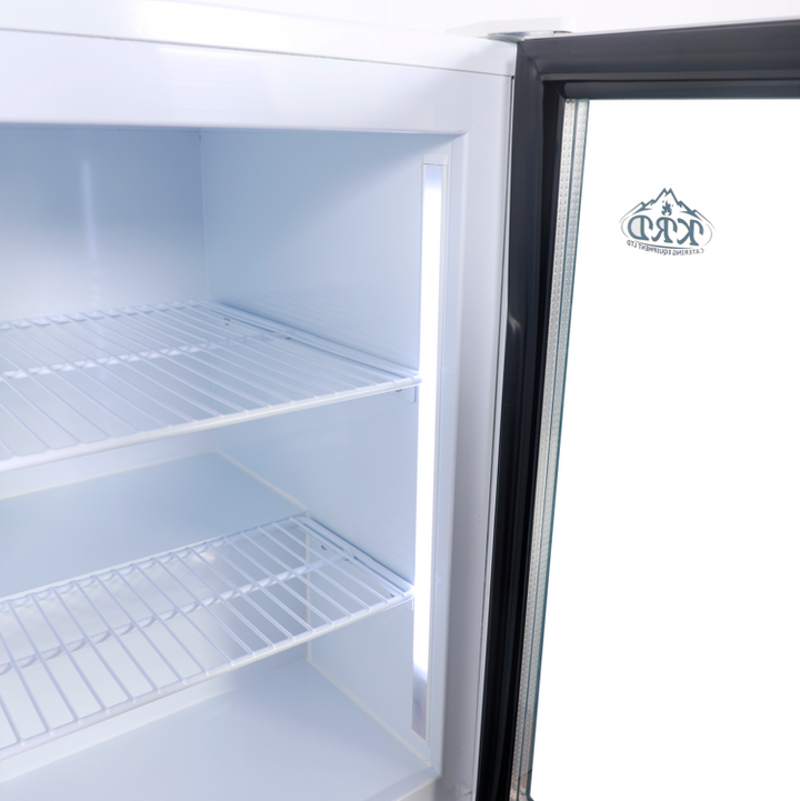 Inside view of KRD Countertop Display Freezer Single Hinged Door White 55cm LD80, showcasing white shelves and LED lighting.