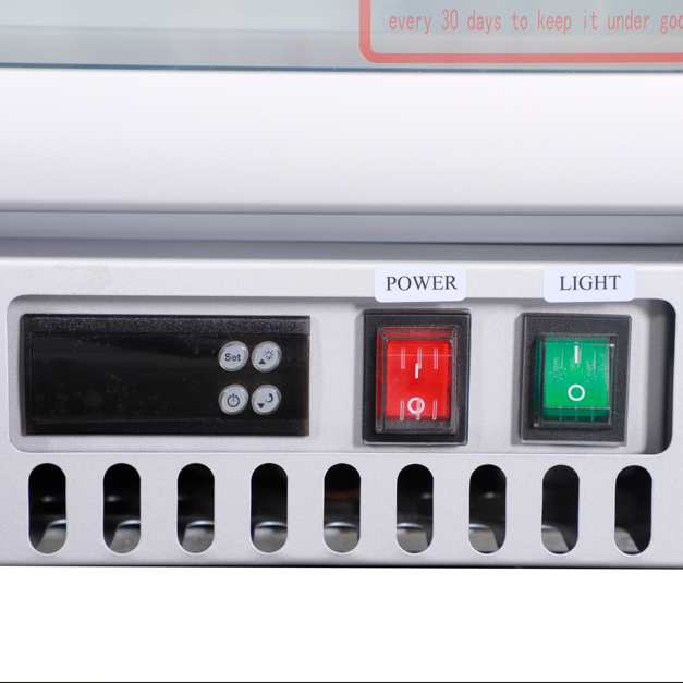 KRD Countertop Display Freezer Single Hinged Door White 55cm LD80 control panel with power and light switches.