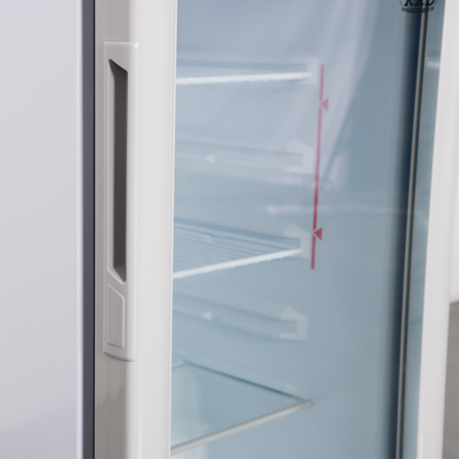 KRD Back Bar Cooler Single Hinged Door Drinks Cooler White 48cm LGZ120 with transparent door and shelving for beverage storage