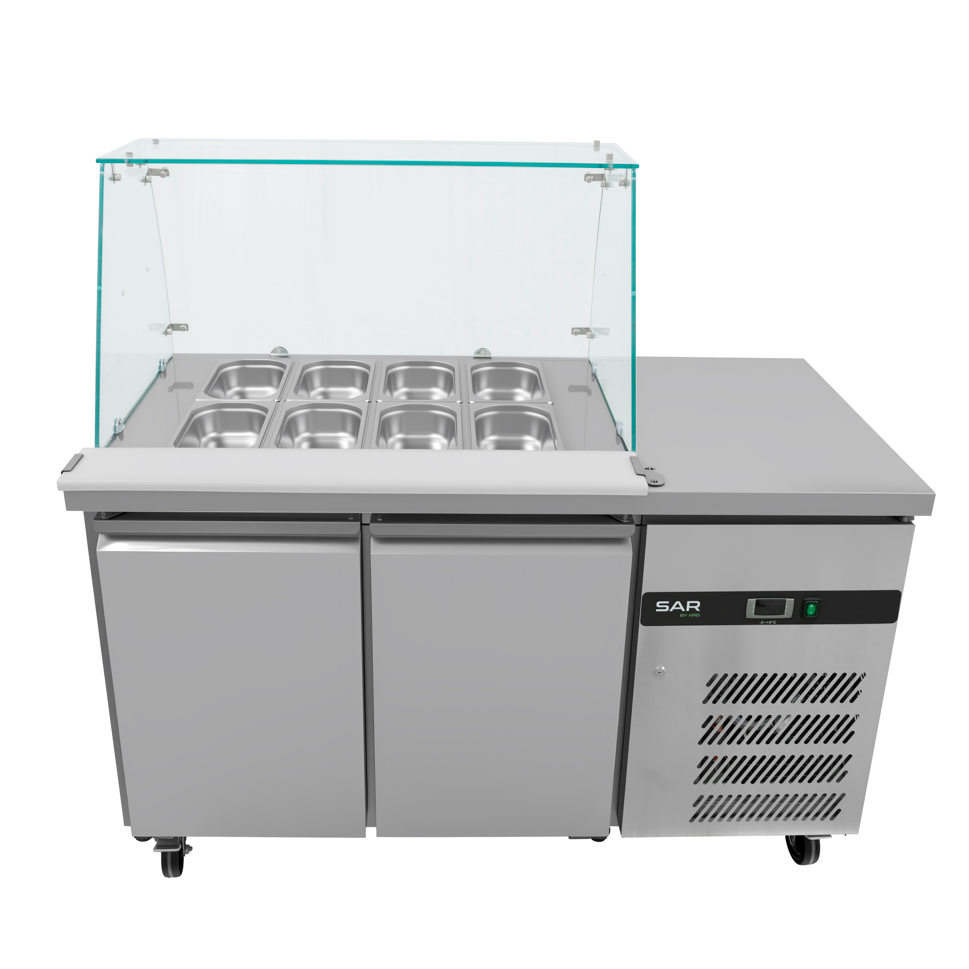 KRD Refrigerated Saladette Prep Counter Glass top 1360x700x1365mm 2 doors GN2100CG in stainless steel with glass top.