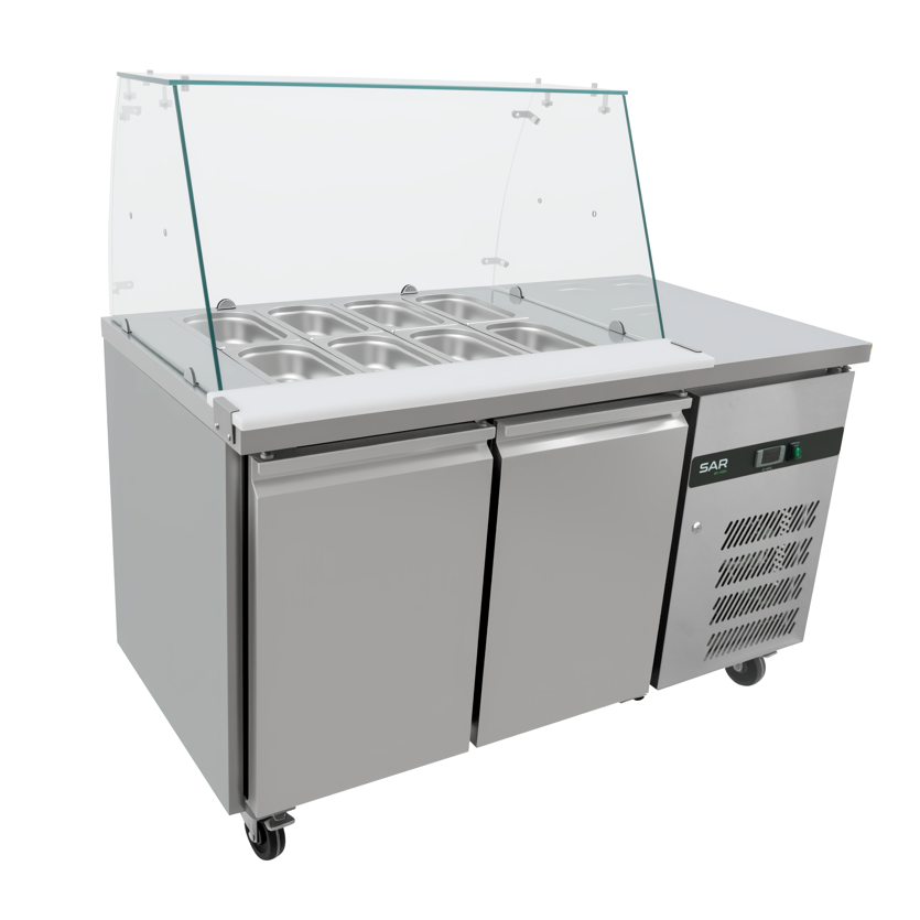 KRD Refrigerated Saladette Prep Counter Glass top 1360x700x1365mm 2 doors GN2100CG in a kitchen setting.