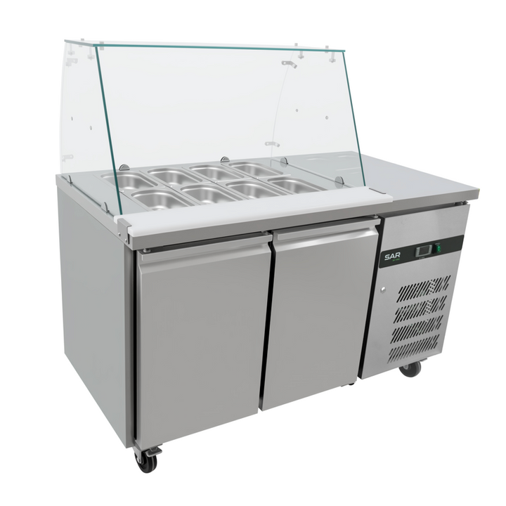 KRD Refrigerated Saladette Prep Counter Glass top 1360x700x1365mm 2 doors GN2100CG in a kitchen setting.