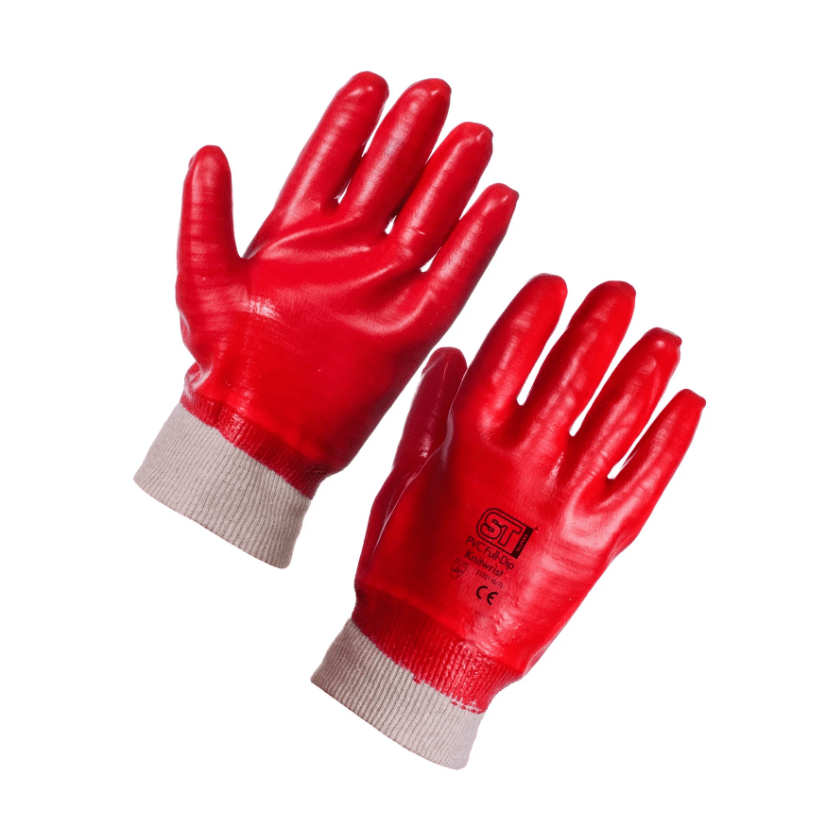 KRD Supertouch PVC Full Dip Knit Wrist Gloves Red Large Pair