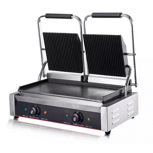 KRD Heavy Duty Twin Panini Contact grill Ribbed/Flat 3.6kW Dual Zone OP813C with stainless steel construction and ceramic-coated bottom plates.