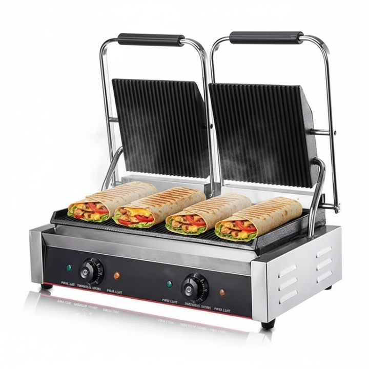 KRD Heavy Duty Twin Panini Contact grill Ribbed/Flat 3.6kW Dual Zone OP813C