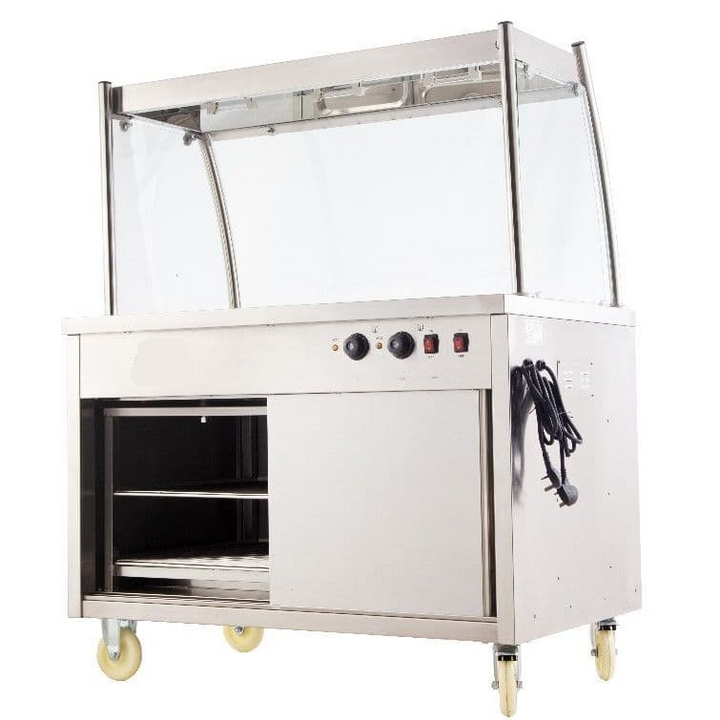 KRD Professional Glass Bain Marie Showcase Hot Cupboard 3xGN1/1 Mobile 120cm