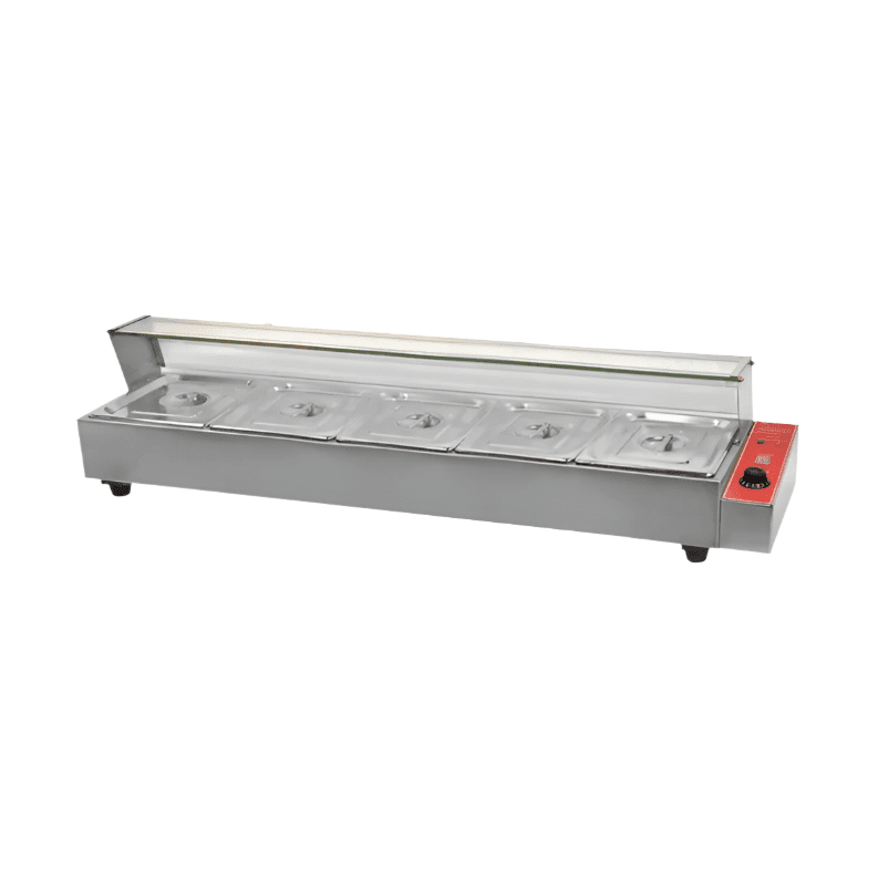 KRD Commercial Display Bain Marie Countertop GN1/2*3 GN1/3*3 1660mm with stainless steel body and five GN pots.