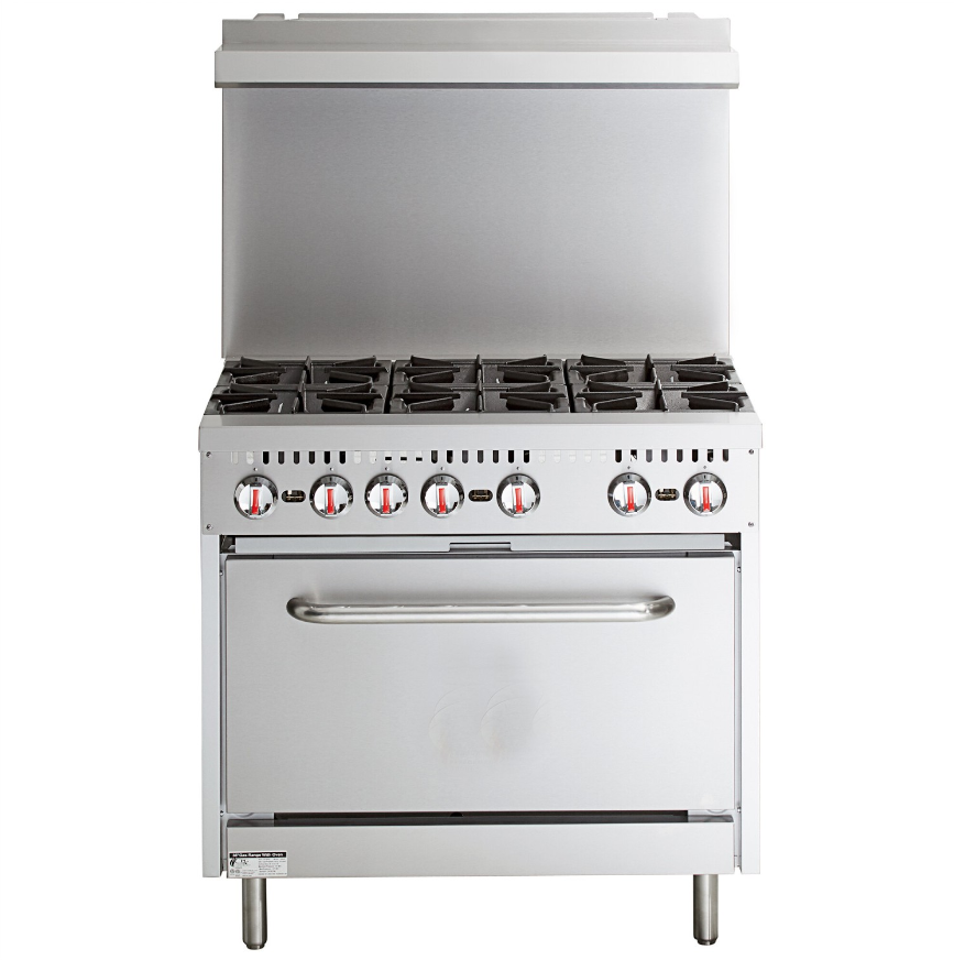 KRD Professional Gas Range Oven with 6 burners and removable overshelf, designed for commercial kitchens.