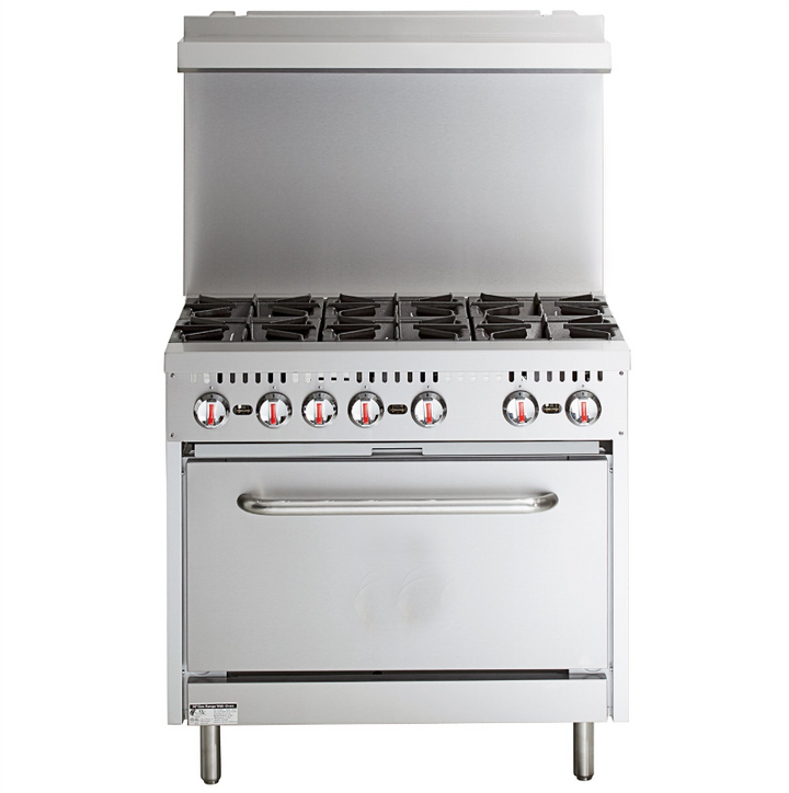 KRD Professional Gas Range Oven with 6 burners and removable overshelf, designed for commercial kitchens.