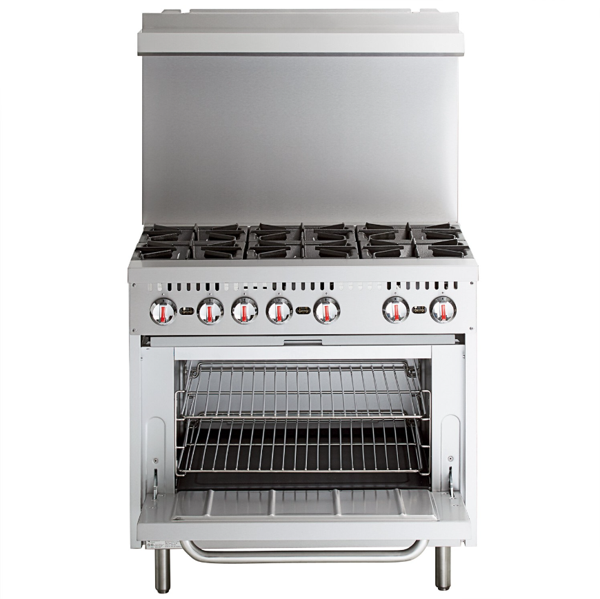 KRD Professional Gas Range Oven with 6 Stove Burners and removable overshelf, heavy-duty stainless steel construction.