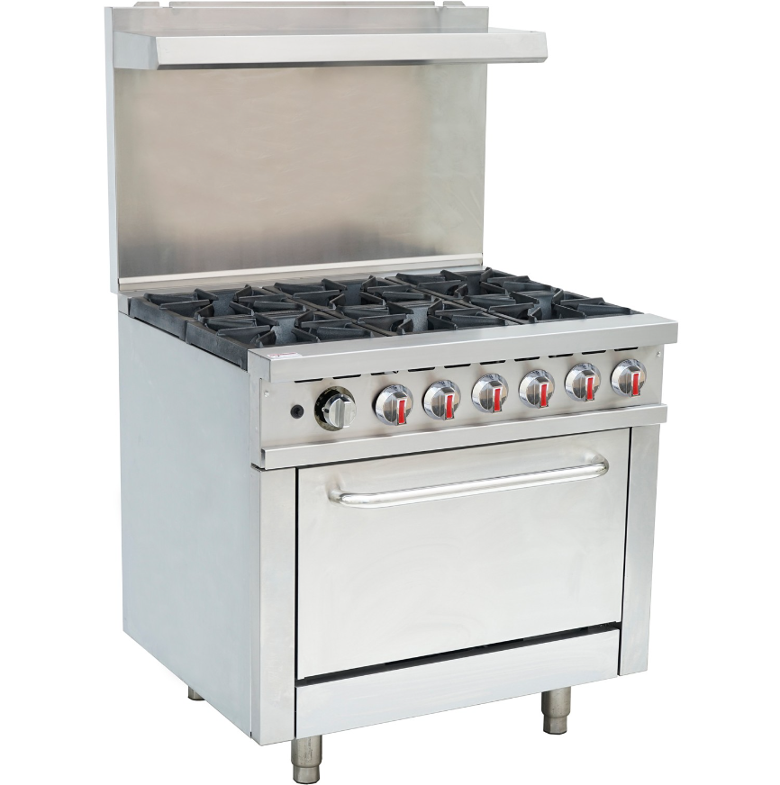 KRD Professional Gas Range Oven with 6 Stove Burners and Removable Overshelf, featuring sturdy stainless steel construction.