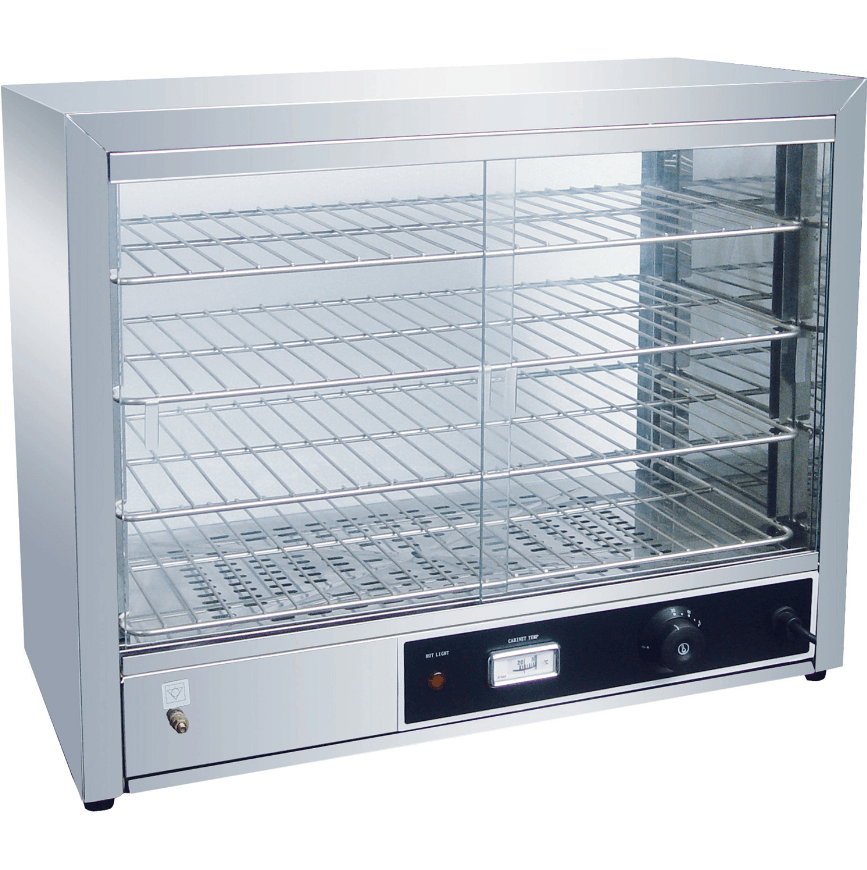KRD Commercial Hot display case Pie warmer 4 shelves Countertop 1000W FW580, stainless steel, glass doors, adjustable shelf height.