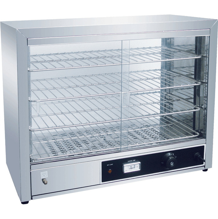 KRD Commercial Hot display case Pie warmer 4 shelves Countertop 1000W FW580, stainless steel, glass doors, adjustable shelf height.