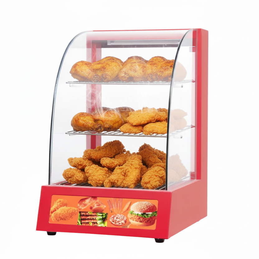 KRD Commercial Red Hot Food Chicken Warmer Display Cabinet Showcase 38cm with glass shelves, red exterior, ideal for hot food display.