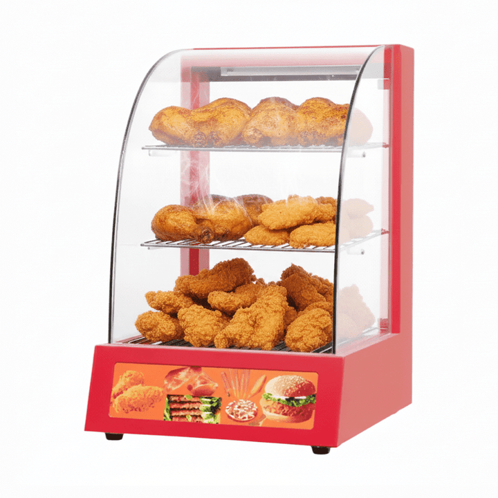 KRD Commercial Red Hot Food Chicken Warmer Display Cabinet Showcase 38cm with glass shelves, red exterior, ideal for hot food display.