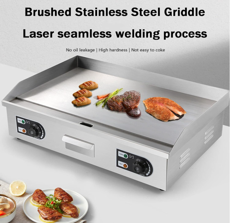 KRD Commercial Electric Flat Smooth Griddle with brushed stainless steel surface and laser seamless welding process.