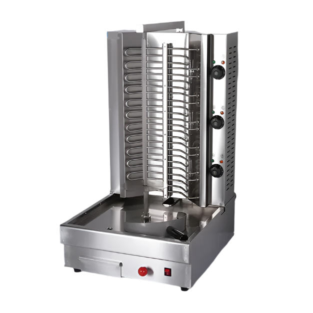 KRD Professional Gyros/Kebab grill with electric movable body and three burners for efficient cooking.