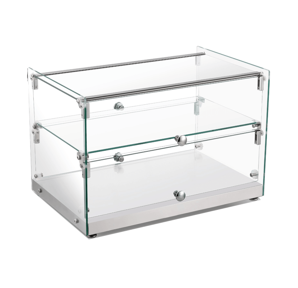 KRD Grab & Go Neutral Display Case 2 Tier 555x361x368mm 50 Litres XCZ50L with glass shelves and stainless steel base.