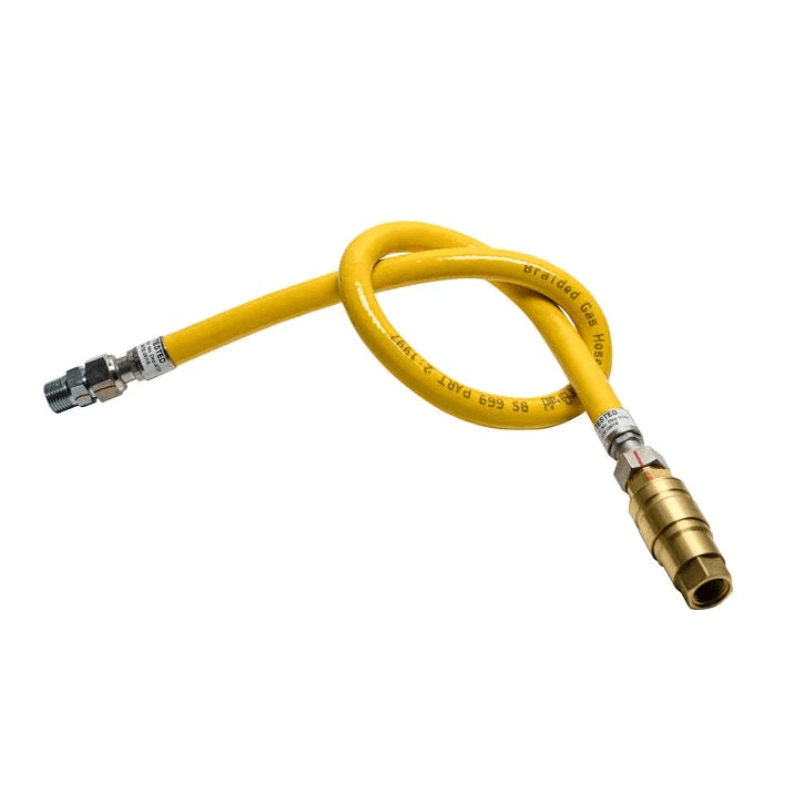 Quick Release 1.25m Braided Gas Hose with brass coupler, suitable for commercial kitchen appliances.