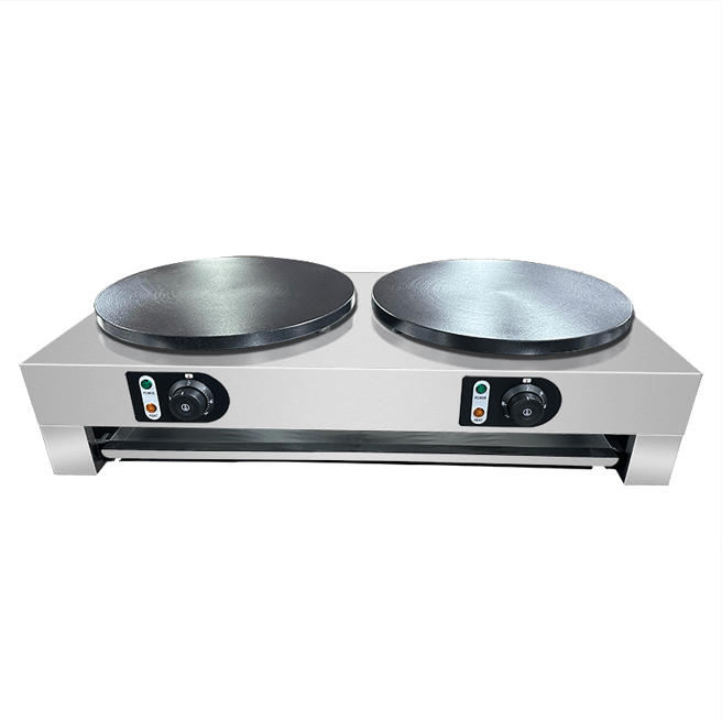 KRD Commercial Double Electric Crepe Maker 2x 400mm Plates with stainless steel body and dual cooking plates for efficient crepe making.