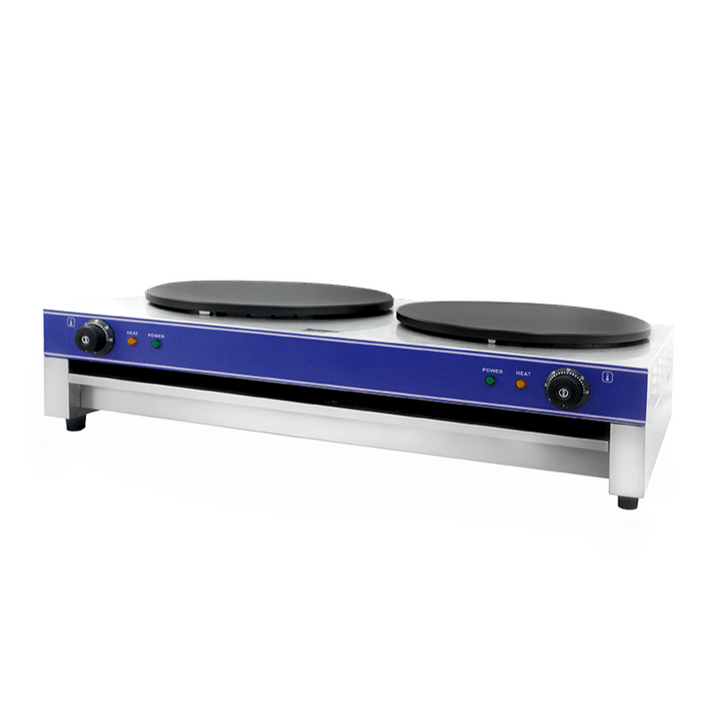 KRD Commercial Electric Crepe Maker with double 400mm plates for perfect crepes, featuring cast iron Teflon-coated surfaces.