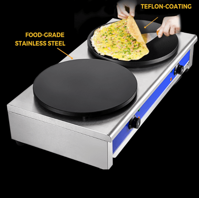 KRD Commercial Electric Crepe Maker with dual Teflon-coated plates and food-grade stainless steel, ideal for cooking crepes.