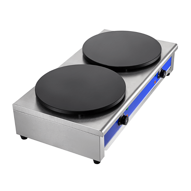 KRD Commercial Electric Crepe Maker with double 400mm plates, durable cast iron with Teflon coating for even heat.