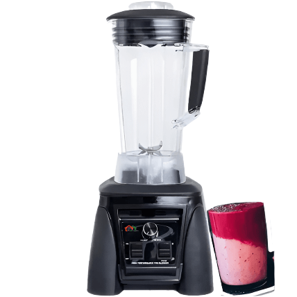 KRD Professional Blender CM-814, 2 litre capacity, 2200W, designed for quiet operation, with a rich berry smoothie beside it.