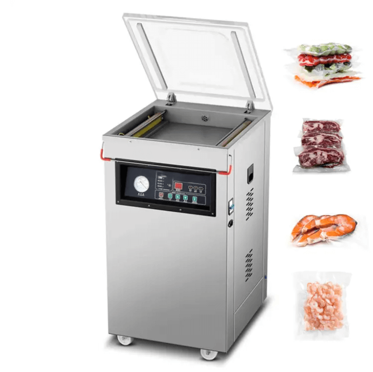 KRD Automatic Standing Vacuum Machine 900W with food items, ideal for versatile food storage and preservation.